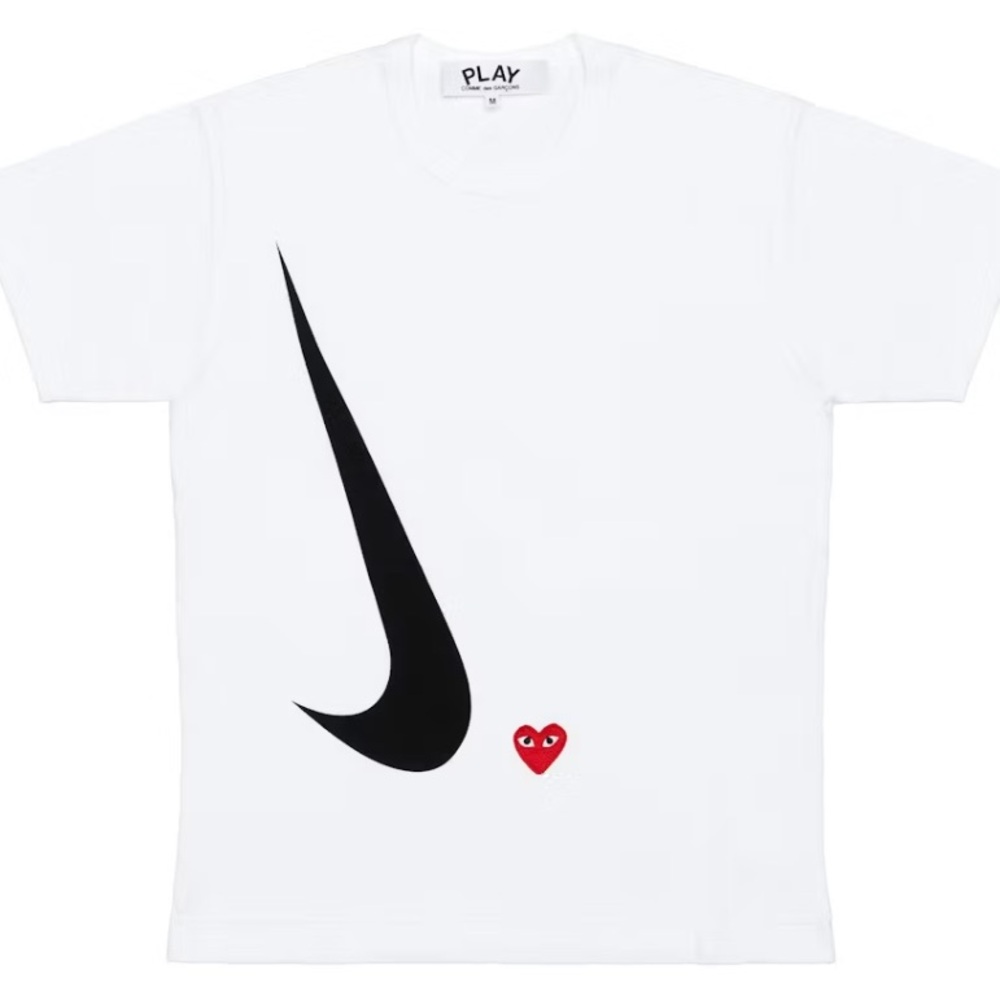 Comme des Garcons PLAY White Tee with Black Swoosh and Red Heart